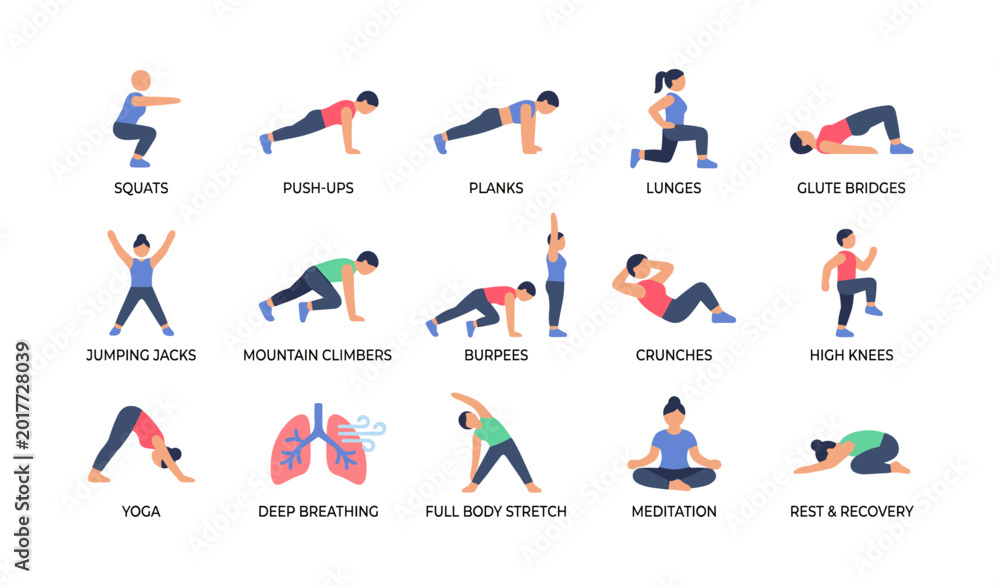 Fototapeta premium Exercise illustrations showing common workout moves on white