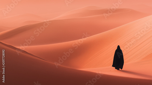 Person walks alone through orange sand dunes in a desert landscape during sunset