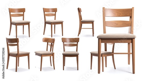 Several views of a wooden chair with a light beige cushioned seat and simple backrest design. Chair is isolated on a white backdrop