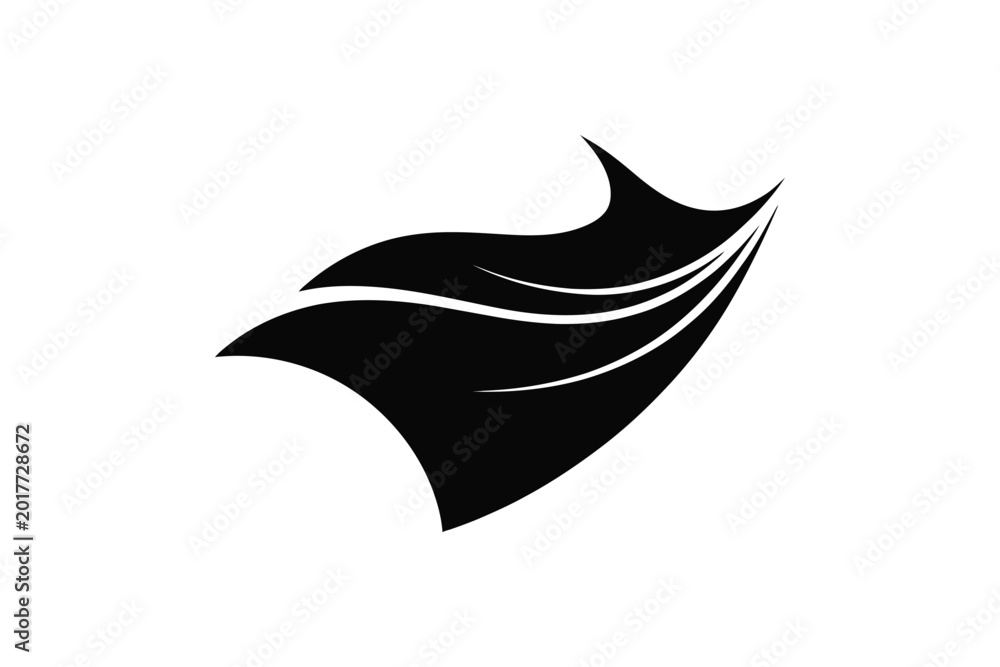 Obraz premium Abstract black and white of a flowing fabric or cape in motion, featuring sharp pointed edges and curved lines, isolated on a white background, for dynamic movement, and speed concepts