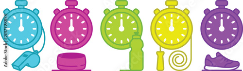 Schilderij op canvas Fitness and Workout Icon Set Featuring Stopwatch, Water Bottle, Jump Rope, and R