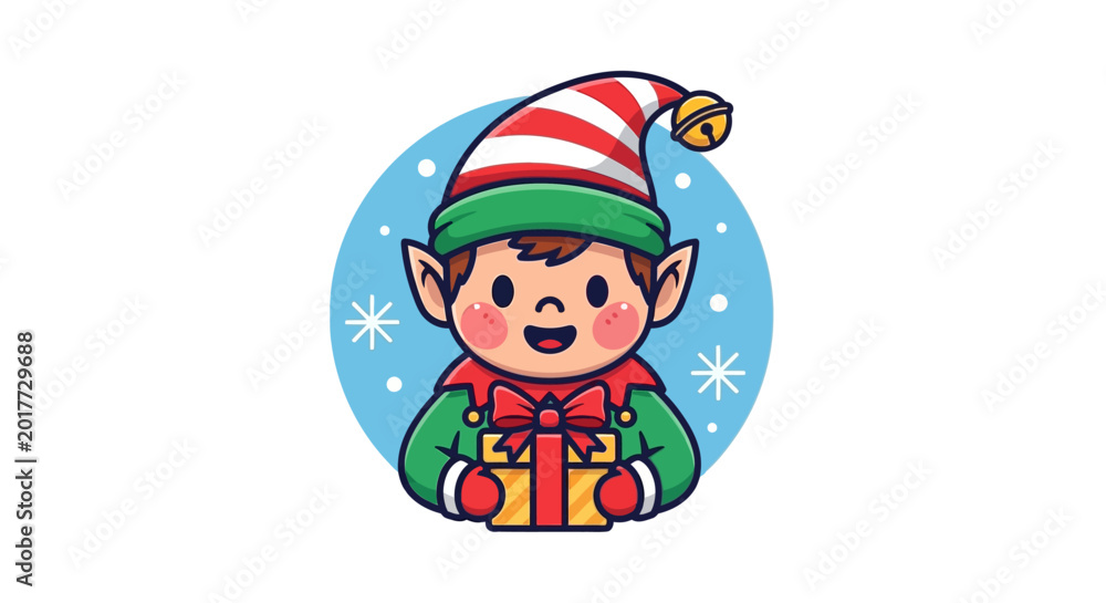 Naklejka premium Cartoon Elf Wearing Christmas Hat.