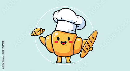 Tableau sur toile Cartoon bread character wearing chef hat.