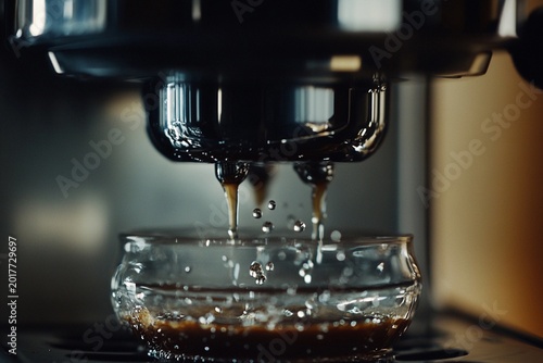 Close-up drip coffee maker brewing coffee with slow drip flow