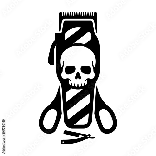 Bild auf Leinwand Barber skull with pole clippers and scissors vector