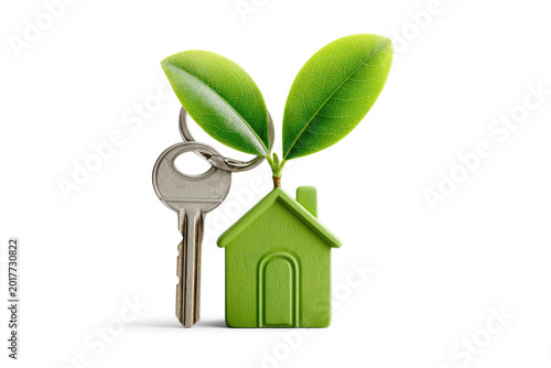 A key to a house with green leaves, a symbol of ecology.