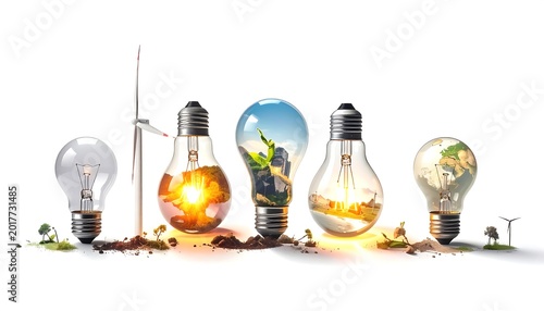 Several light bulbs showcase different elements within, including a windmill, city, and earth, symbolizing energy