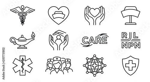 Set of nursing icons, including medical symbols, nurse caps, care, and healthcare professionals, isolated on white background