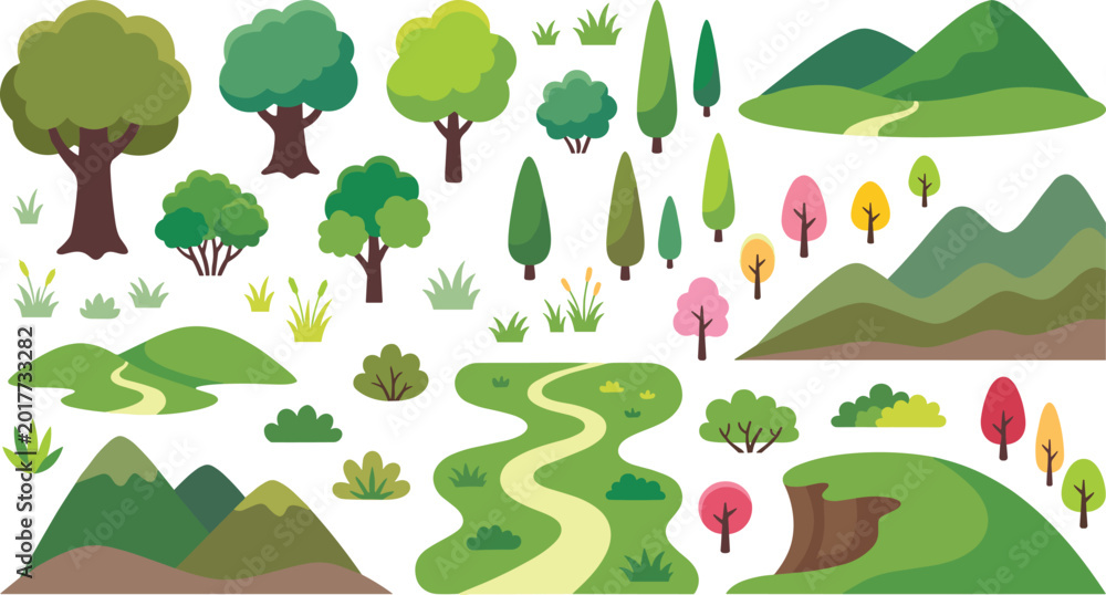 Fototapeta premium Large set of flat nature landscape elements including green trees mountains hills bushes and winding paths for outdoor map creation