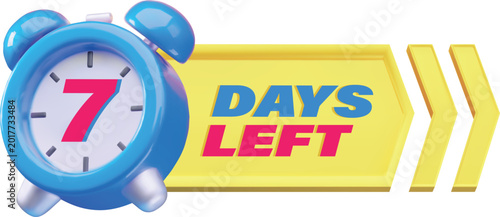 Alarm clock with seven 7 days left lettering on arrow 3d cartoon plastic style, vector deadline and time management