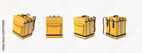 Foto A 3D set of yellow, square, insulated food delivery bags, viewed from different angles