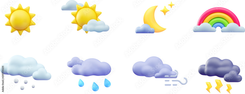 Fototapeta premium 3D weather forecast elements vector set, cartoon sun, moon and rainbow, clouds with lightning bolts, wind, snow or rain