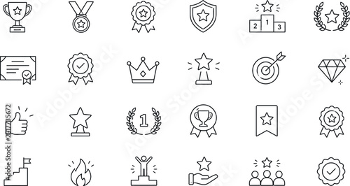 Φωτογραφία Achievement icons set trophies stars ribbons and awards line art isolated on tra