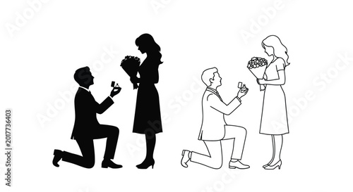Schilderij op canvas Man proposing to woman with flowers black and white silhouette