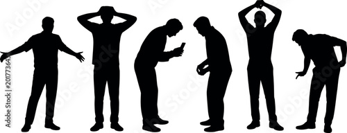 Collection of diverse male human silhouettes showcasing various emotional expressions and actions isolated on transparent background