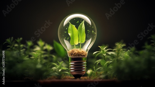 A light bulb with a plant growing inside it. The light bulb is glowing and the plant is green and healthy. The image is set against a dark background.
