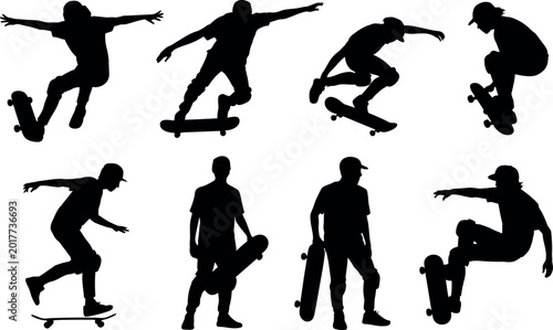 Tableau sur toile Collection of diverse skateboarder silhouettes performing various tricks and pos