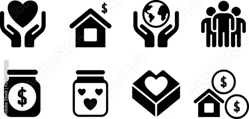 Collection of icons representing charity donation and community support concepts visually