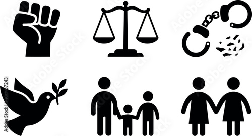 Collection of icons representing justice equality freedom and human rights concepts