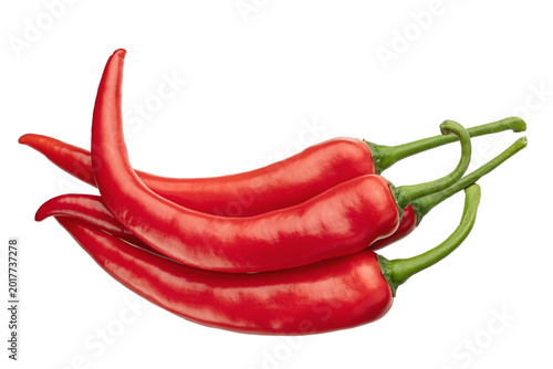 Tableau sur toile Red Chili Peppers Isolated on White Background, Spicy Fresh Ingredients
