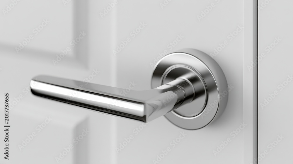 Naklejka premium Sleek stainless lever handle on door, closeup photograph showcasing brushed chrome finish, subtle reflections, modern lock cylinder, matte white panel, soft natural lighting, minimalist interior