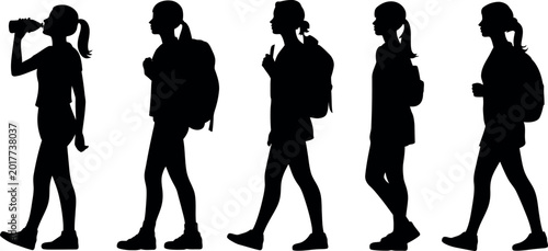 Silhouettes of five young women walking and drinking water with backpacks isolated on transparent background
