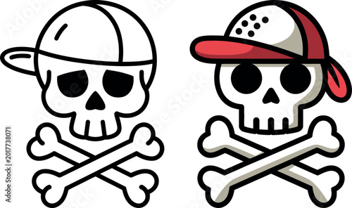 Tableau sur toile Two stylized cartoon skulls wearing baseball caps with crossed bones underneath