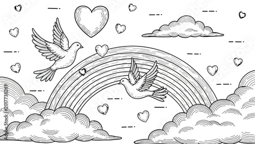 Photos Love concept background with two white doves flying around rainbow and floating hearts in sky with soft clouds hand drawn black and white vector art design