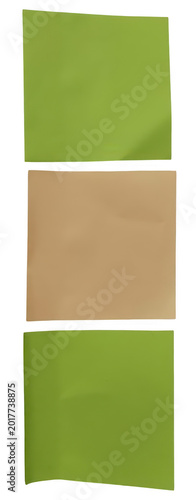 Fotografi Three vertically aligned fabric swatches in green and beige tones isolated on wh