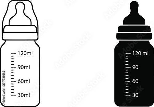 Photography Baby Feeding Bottle Vector Icon Set: Minimalist Outline and Solid Silhouette of