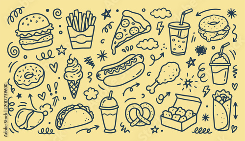 Cuadro en lienzo Diverse fast food and snack doodle collection with pizza taco burrito and pretze