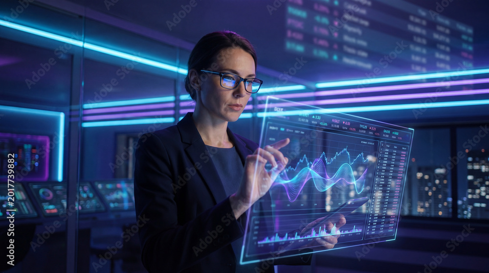 Fototapeta premium Female entrepreneur analyzing holographic financial data on transparent screen in futuristic office with neon lights and cityscape at night, focused and professional