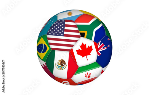 Multicolored soccer ball with flags of various countries on white background