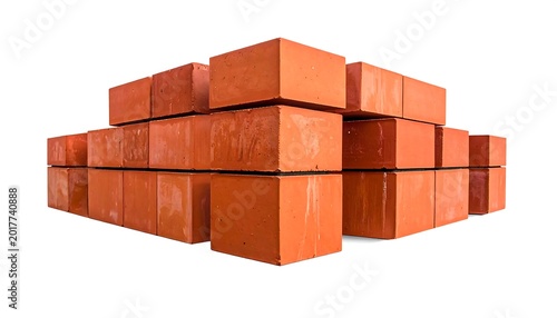 Several rectangular, orange-red building materials are stacked at an angle against a stark white background