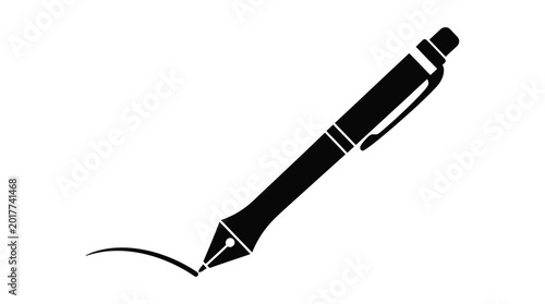 Minimalist black silhouette of a fountain pen writing a curved line on a white background ideal for design elements