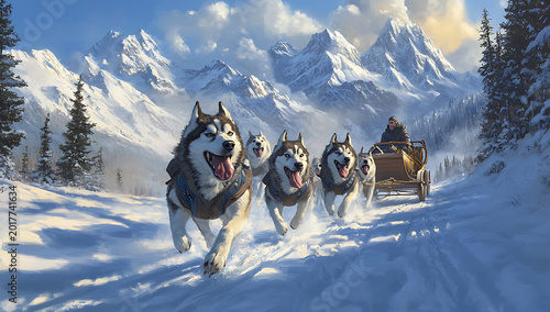 A pack of siberian husky dogs running in a line, pulling a sled through a snowy mountain pass, illustrating the beauty of arctic travel and dog sledding