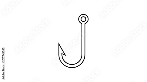 Minimalist black line art illustration of a fishing hook isolated on a white background ideal for angling and outdoor recreation graphics