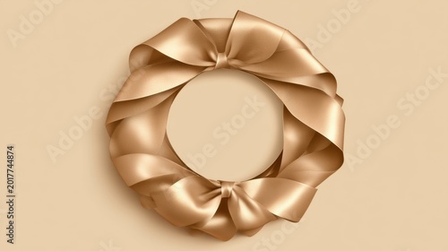 Sophisticated golden circle. Shiny beige decorative loop. Ornamental gold wreath with elegant ribbon embellishment. Luxurious satin hoop decorated with twisted ribbon and warm backdrop