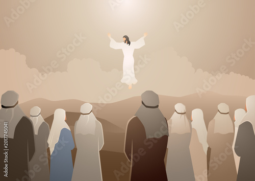 Fotografie Biblical vector illustration series, Ascension of Jesus Christ, witnesses watching Jesus rise to heaven