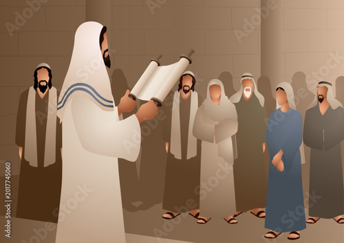 Fotografía Biblical vector illustration series, Jesus Reading Scripture in Synagogue, teaching scene inspired from Luke 4 16-30
