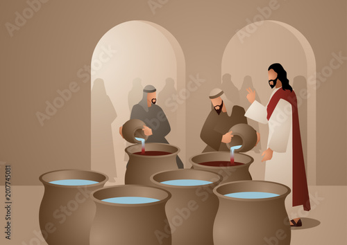 Fotografija Biblical vector illustration series, Jesus Turns Water Into Wine at Cana