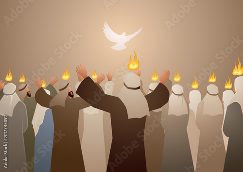 Quadro em tela Biblical vector illustration series, Pentecost Holy Spirit Descending on the Apostles