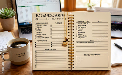 Busy work day planner, cup of coffee and newspaper, time management, digital diary, self care journal page, graphic design illustration wallpaper 