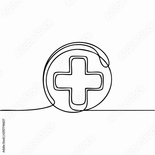 continuous one line drawing of medical cross integrated with circular healthcare line flow