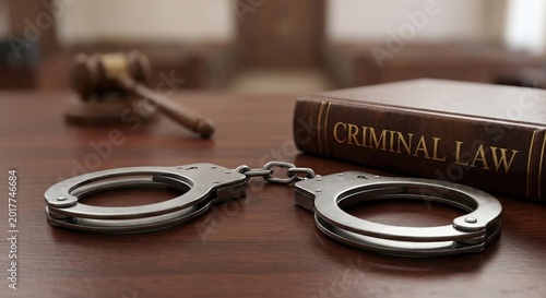 Criminal Law Book with Steel Handcuffs and Judge Gavel
