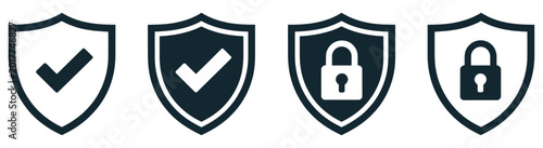 Tableau sur toile Security shield icons featuring protective shield symbols with padlock and check mark, data protection, and safe system assurance vector illustration