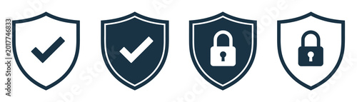 Cuadro en lienzo Security shield illustration showing protective shield symbols with padlock and check mark for digital security, privacy protection, and safe system design concepts