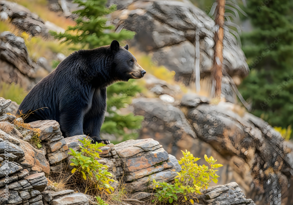 Obraz premium Majestic black bear foraging in rocky mountain wilderness a wildlife portrait