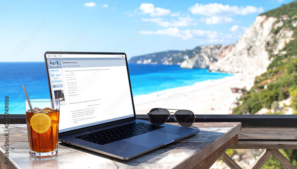Fototapeta premium Embrace the digital nomad lifestyle with a laptop and iced tea overlooking a stunning turquoise beach. Perfect for travel, remote work, and freedomthemed marketing and blog content.