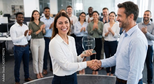 Happy Businesswoman Receiving Employee of the Month Award